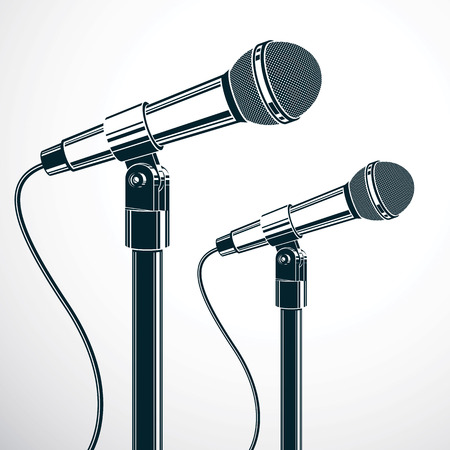 Stage microphones vector illustration isolated on white. Press conference, influence of social message.のイラスト素材