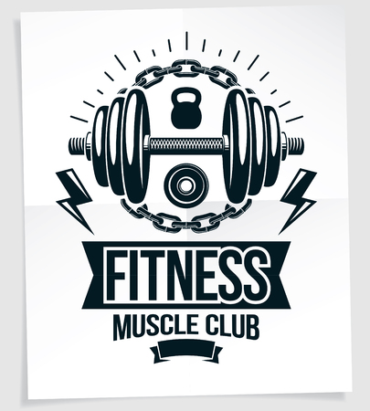 Sports center vector advertising poster made using disc weight dumbbell and kettle bell sport fitness and power lifting equipment.のイラスト素材