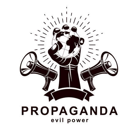 Vector banner created using raised up human arm holding Earth globe and composed with loudspeakers devices. Global authority as the means of political and social influence.のイラスト素材