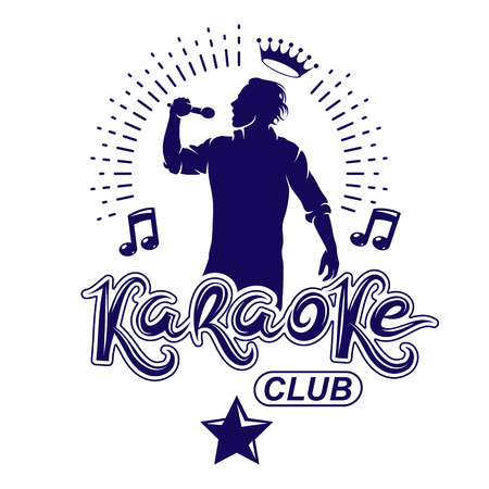 Karaoke club flyers vector cover design created using musical notes, stars and soloist singing to microphone. Emcee show advertising posterのイラスト素材