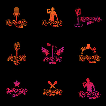 Set of social telecommunication theme logotypes, emblems and posters. Earth globe, microphones and megaphones devices vector illustrations created with news writing.のイラスト素材