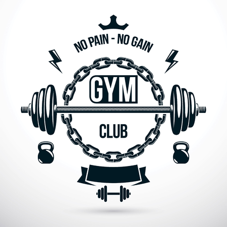 Fitness workout and weightlifting gymnasium vector conceptual emblem, barbell composed using kettle bells and iron chain.のイラスト素材