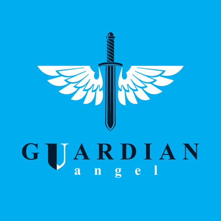 Vector graphic illustration of sword created with bird wings, battle and security metaphor symbol. Seraph vector emblem.のイラスト素材