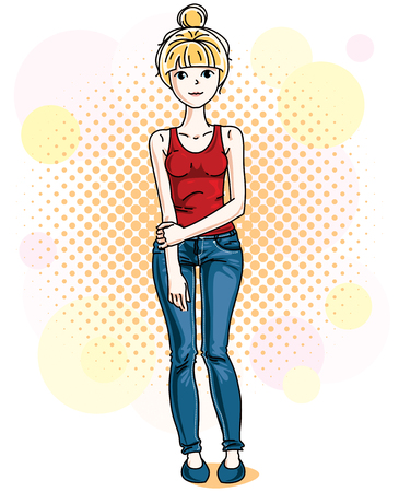 Happy pretty young blonde hair woman standing on modern modern backdrop.のイラスト素材