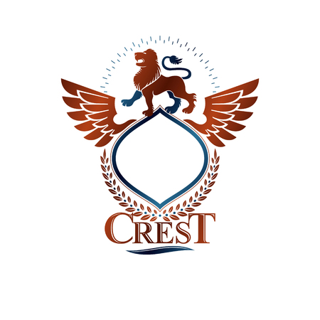 Graphic winged emblem with Lion heraldic animal element. Heraldic Coat of Arms decorative logo isolated vector illustration.のイラスト素材
