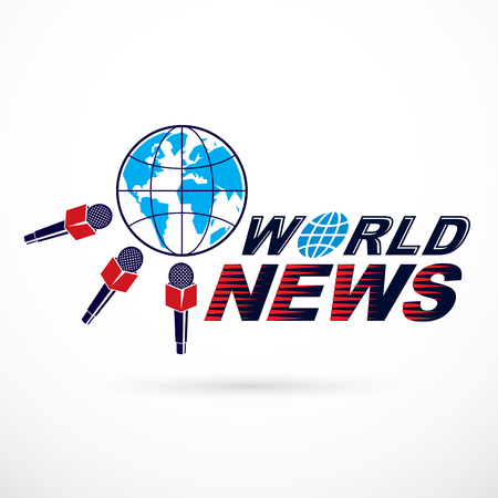 Earth planet news illustration surrounded with microphones.のイラスト素材