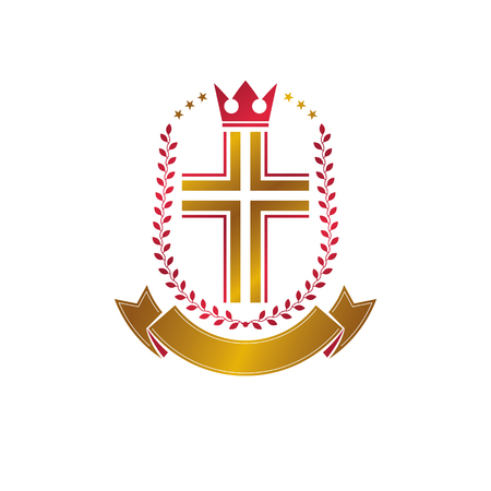 Christian Cross golden emblem created with royal crown, laurel wreath and luxury ribbon. Heraldic Coat of Arms decorative logo isolated vector illustration. Religion and spirituality symbol.のイラスト素材