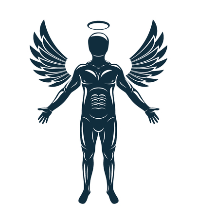 Vector graphic illustration of muscular human made using angelic bird wings and halo. Guardian angel.のイラスト素材