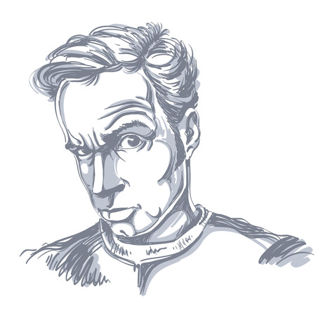 Vector drawing of suspicious man with short hair. Black and white portrait of attractive skeptic guy. のイラスト素材