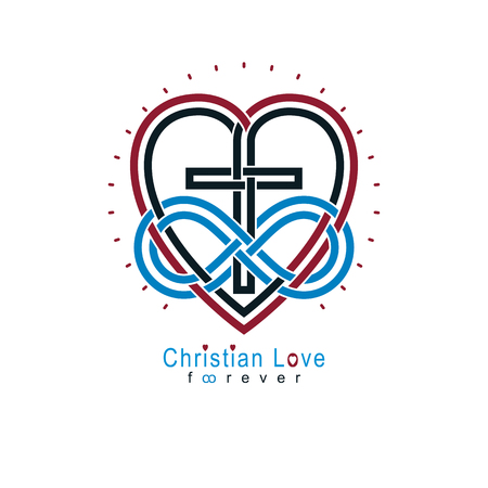 Everlasting Christian Love and True Belief in God vector creative symbol design, combined with infinity endless loop and Christian Cross, vector logo or sign.のイラスト素材