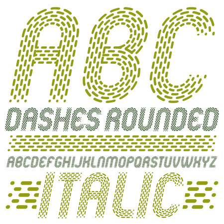 Set of trendy vector capital English alphabet letters, abc isolated. Rounded bold italic retro type font, script from a to z can be used for logo creation. Made using rhythmic strokes and dashed lines.のイラスト素材