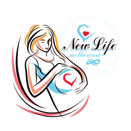 Vector hand-drawn illustration of pregnant elegant woman expecting baby, sketch. Obstetrics and gynecology clinic advertising bannerのイラスト素材