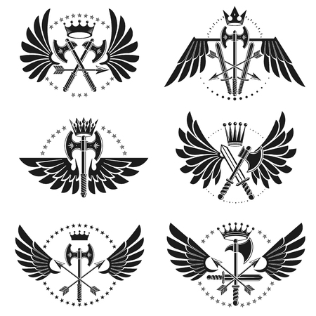 Vintage Weapon Emblems set. Heraldic Coat of Arms decorative emblems isolated vector illustrations collection.のイラスト素材