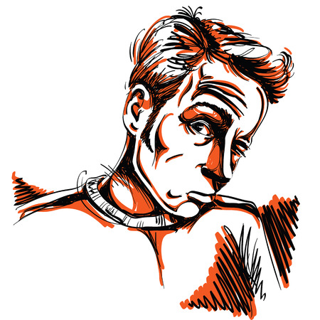 A Vector drawing of drunk man or gambler with wrinkles on his forehead. Colorful portrait of tricky guy.のイラスト素材