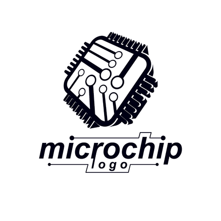 Vector microchip design, cpu. Information communication technology element, circuit board in square shape. Microprocessor scheme abstract logo.のイラスト素材