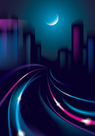 Light trail vehicles at highway in big city in the nighttime. Effect vector beautiful background. Blur colorful dark background with cityscape, buildings silhouettes skyline.のイラスト素材
