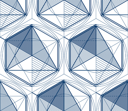 Geometric 3d lines abstract seamless pattern, vector background. Technology style engineering line drawing endless illustration. Single color, blac Usable for fabric, wallpaper, wrapping, web and print.のイラスト素材