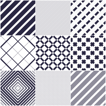 Minimal lines vector seamless patterns set, abstract backgrounds collection. Simple geometric designs. Seamless lines vector minimalist arts. Crossed lines grid, diagonal lines, dashed lines, dotted ornaments.のイラスト素材