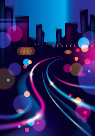 Night city with blurred lights bokeh texture vector illustration. Effect vector beautiful background. Blur colorful dark background with cityscape, buildings silhouettes skyline.のイラスト素材