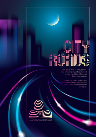 Light trail vehicles at highway in big city in the nighttime. Effect vector beautiful background. Blur colorful dark background with cityscape, buildings silhouettes skyline. Brochure, flyer, cover, poster or guidebook template.のイラスト素材