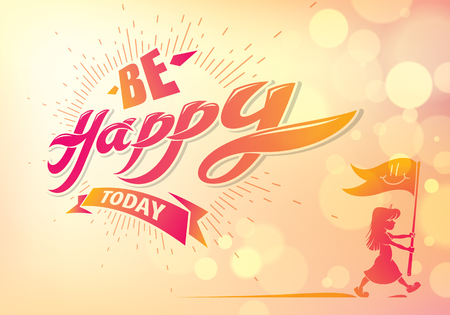 Be Happy vector greeting card with walking boy silhouette. Includes beautiful lettering composition placed over blurred colorful abstract background. Square shape format with CMYK colors acceptable for print.のイラスト素材