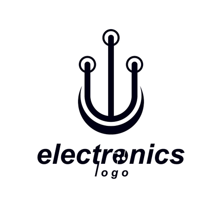Vector circuit board with electronic components of technology device. Computer motherboard cybernetic abstraction, microchip logo.のイラスト素材