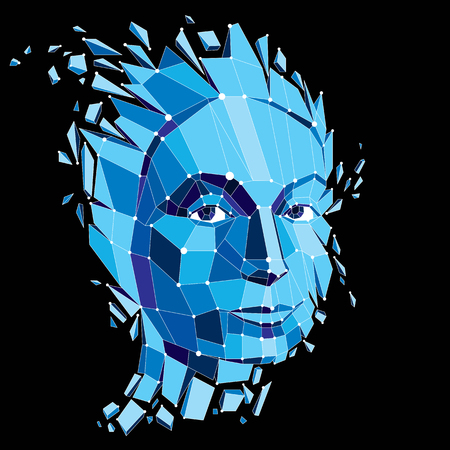 3d vector portrait created with lines mesh. Intelligence allegory, blue low poly face with splinters which fall apart, head exploding with ideas, thoughts and imagination.のイラスト素材