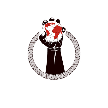 Muscular clenched fist of strong man surrounded by rope and holds Earth globe, vector illustration. Global authority as the means of political and social influenceのイラスト素材