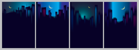 Night city skyscrapers silhouettes skyline vector illustrations set. Perfect minimal backgrounds with copy space for text.のイラスト素材