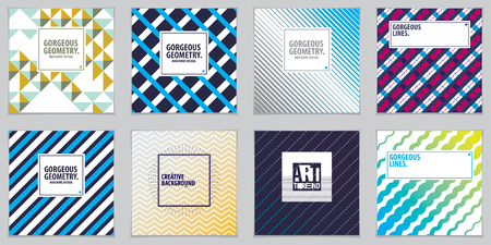 Design templates for flyers, booklets, greeting cards, invitations and advertisings. Geometric line patterns vector abstract advertising art set. Minimalistic brochure design.のイラスト素材