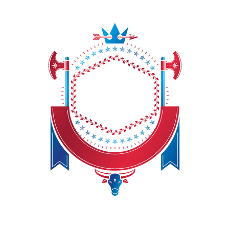 Graphic emblem made with royal crown element, different armory and elegant ribbon. Heraldic Coat of Arms decorative isolated vector illustration.のイラスト素材