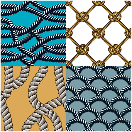 Rope seamless patterns set, trendy vector wallpaper backgrounds collection. Endless navy illustrations with fishing net ornament and marine knots usable for fabric, wallpaper, wrapping, web and print.のイラスト素材