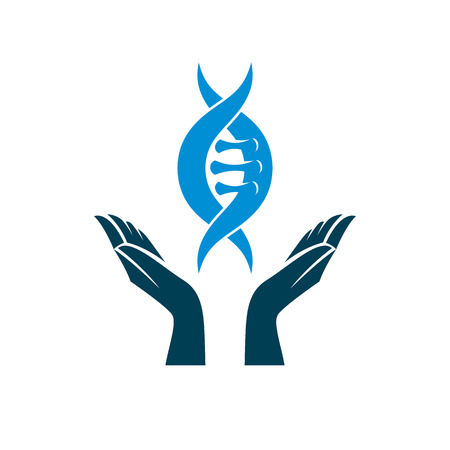 Caring hands hold a model of human DNA. Bio engineering as the direction of genetics, abstract vector scientific symbol best for use in education, science and humanity evolution research.のイラスト素材