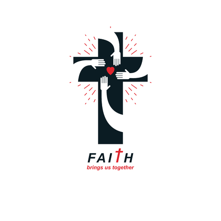 Cross of Christianity true belief in Jesus vector symbol, Christian religion icon. Faith and religion brings people together.のイラスト素材