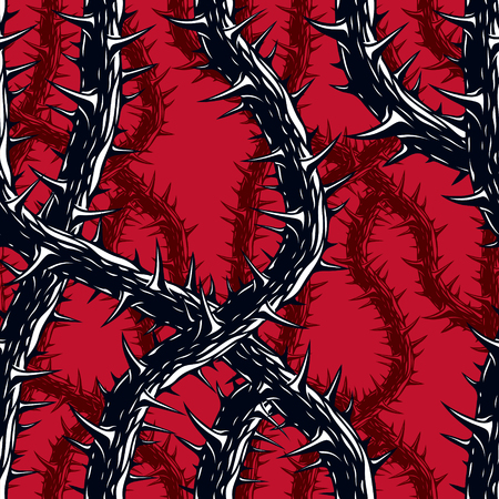 Horror art style seamless pattern, vector background. Blackthorn branches with thorns stylish endless illustration hard rock and heavy metal subculture music textile fashion stylish design.のイラスト素材