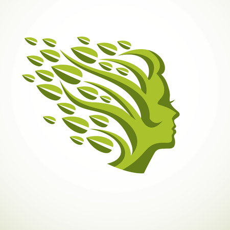 Mother nature concept, beautiful woman head profile with branches and leaves of natural plant vector icon design. Blossoming and growth of everlasting nature, tree and forest planting.のイラスト素材