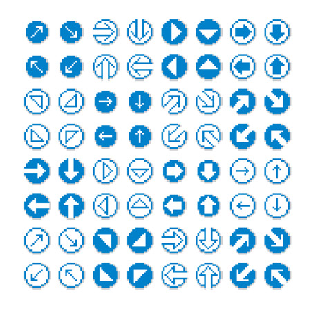 Different vector arrows, pixel icons isolated, collection of 8bit graphic elements. Simplistic digital direction signs, web icons. のイラスト素材