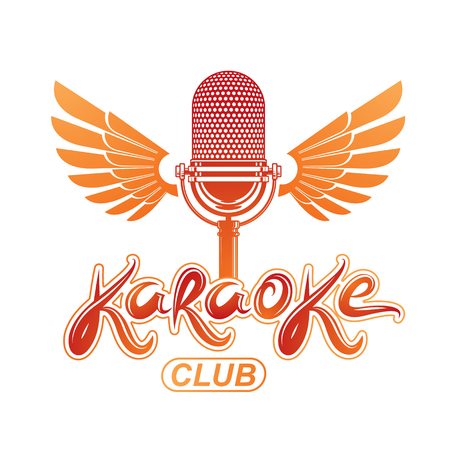 Studio microphone audio equipment created using bird wings, live music concert vector invitation emblem. Music and art makes you free, karaoke club lettering.のイラスト素材
