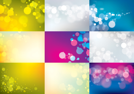 Blurred lights backgrounds set. Bokeh effect textures. Beautiful vector abstract illustrations collection. Holidays magic festive shiny themes.のイラスト素材