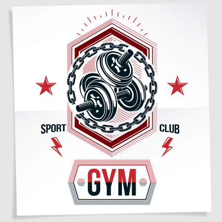 Fitness center vector marketing banner made using disc weight dumbbell sport equipment surrounded by iron chain.のイラスト素材