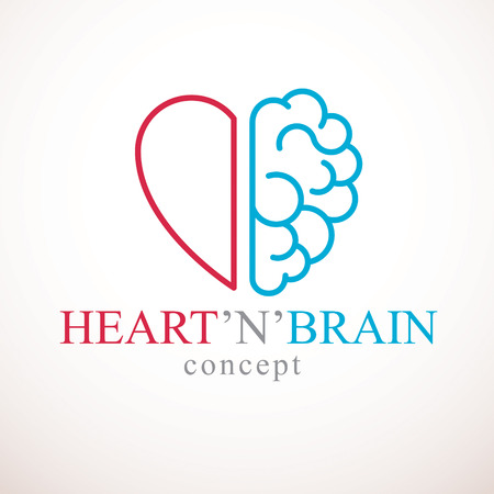 Heart and Brain concept, conflict between emotions and rational thinking, teamwork and balance between soul and intelligence. Vector logo or icon design.のイラスト素材