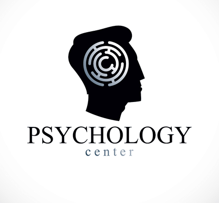 Mental health and psychology conceptual logo or icon created with man face profile and maze. Psychoanalysis and psychotherapy of human mind concept. Vector simple classic design.のイラスト素材