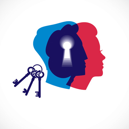 Gender psychology concept created with man and woman heads profiles and keyhole with key of understanding. Vector logo or illustration of relationship problems and conflicts in family and society.のイラスト素材