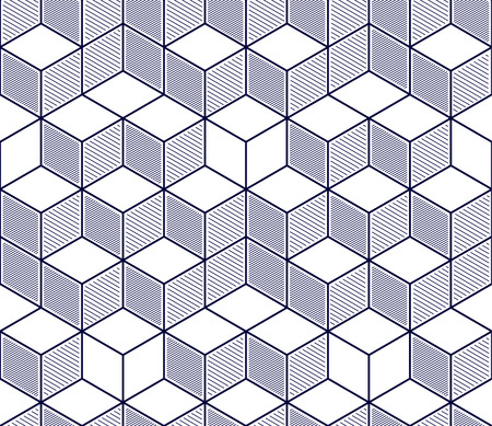 Geometric cubes abstract seamless pattern, 3d vector background. Technology style engineering line drawing endless illustration. Single color, black and white. Usable for fabric, wallpaper, wrapping, web and print.のイラスト素材