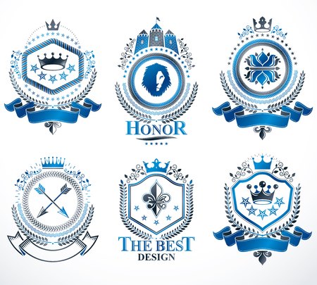 Set of vector retro vintage insignias created with design elements like medieval castles, armory, wild animals, imperial crowns. Collection of coat of arms.のイラスト素材