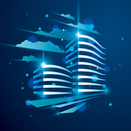 Office building, modern architecture vector illustration with blurred lights and glares effect. Real estate realty business center blue design. 3D futuristic facade in big city.のイラスト素材