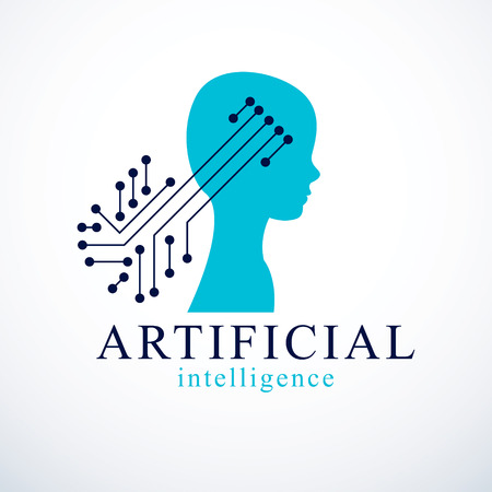Computer human android bot, artificial intelligence concept. Human profile with electronics elements icon. Vector logo design. Smart software, idea of intelligent machines and computer programs.のイラスト素材