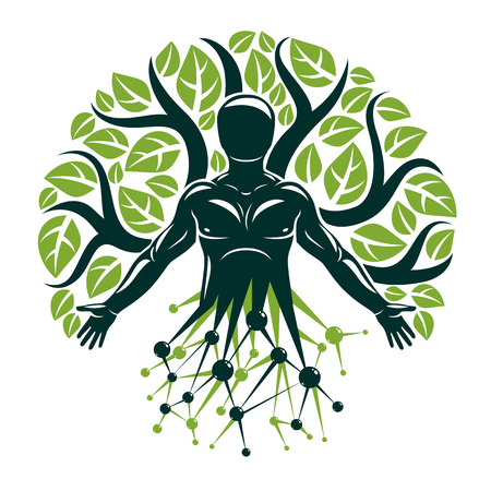 Vector graphic illustration of muscular human created with wireframe mesh connections and ecology tree leaves. Green thinking technology innovations, ecology protection concept.のイラスト素材