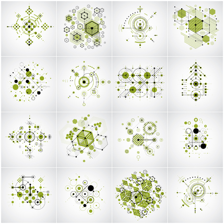 Collection of Bauhaus retro wallpapers, art vector backgrounds made using hexagons and circles. Geometric graphic 1960s illustrations can be used as booklets cover design.のイラスト素材