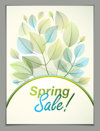 Spring leaves vertical background, nature seasonal template for design banner, ticket, leaflet, card, poster with green and fresh floral elements. Sale, advertising poster, brochure or flyer design.のイラスト素材